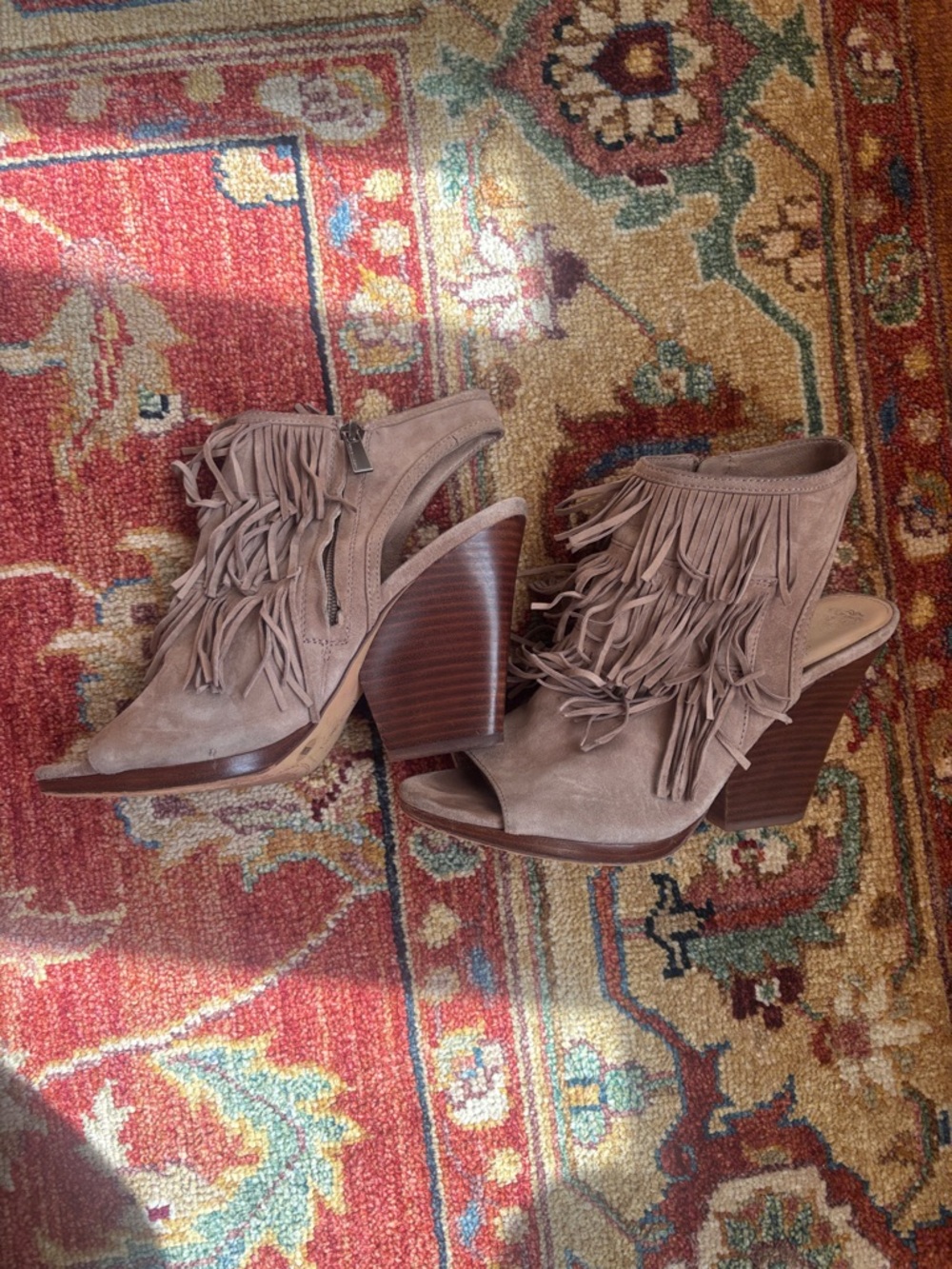 Vince Camuto Taupe Suede Fringe Open-Toe Block Heel Sandals